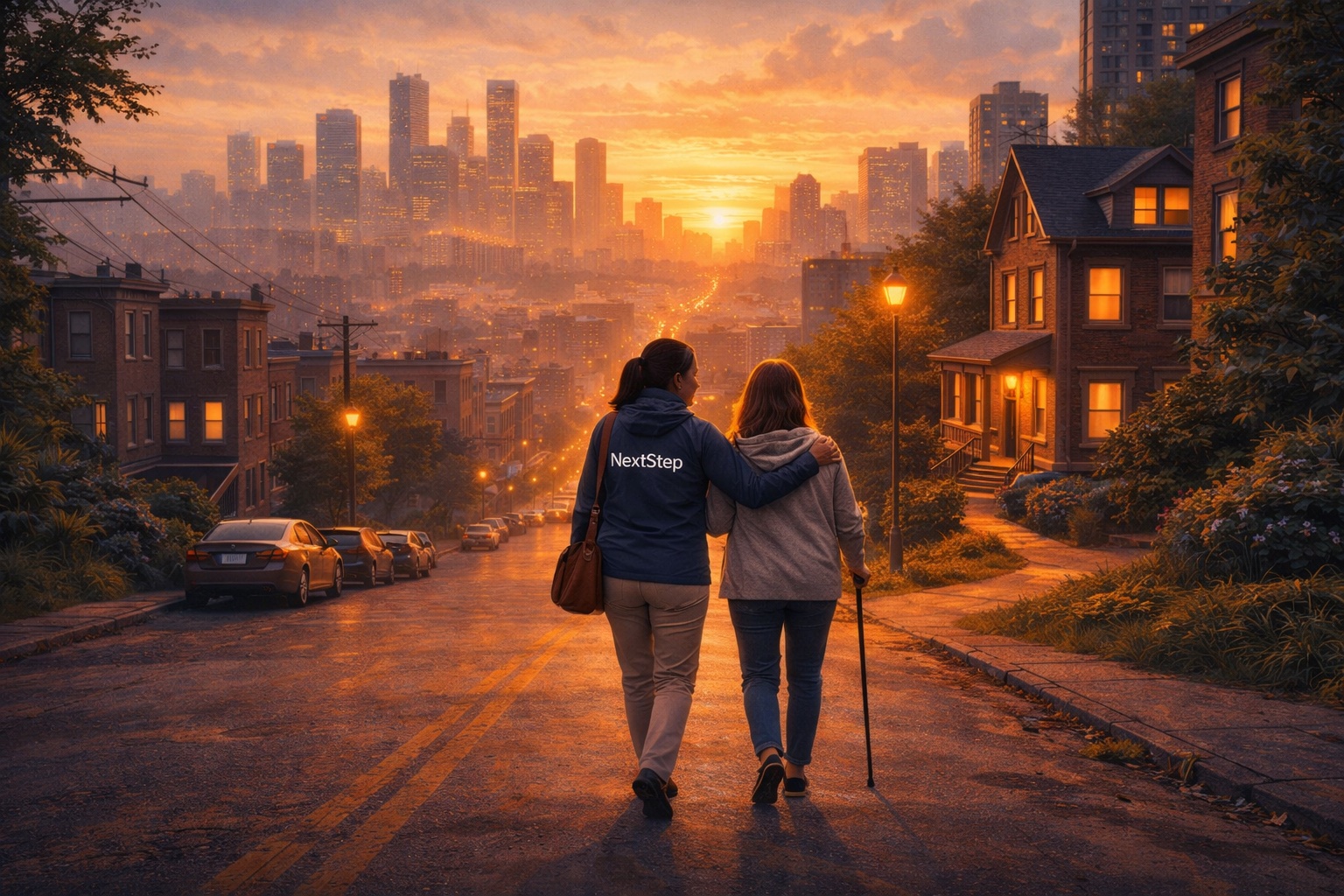 A NextStep companion walking home with a patient at sunset